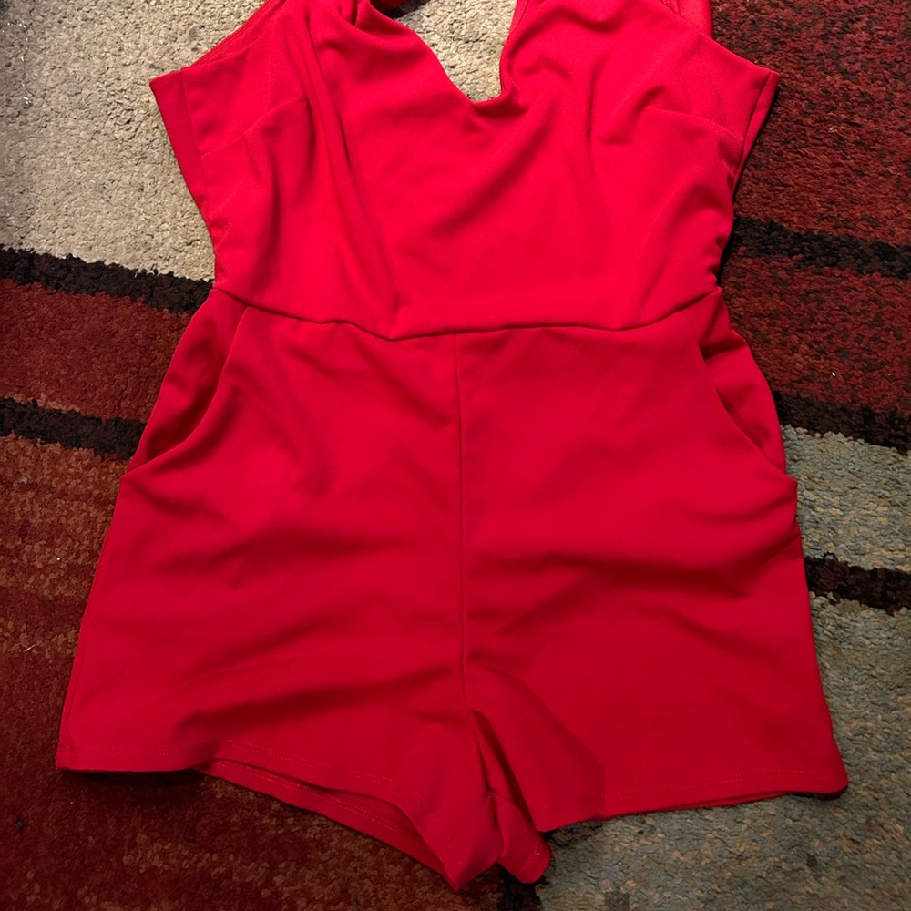 Bright red shorts romper!